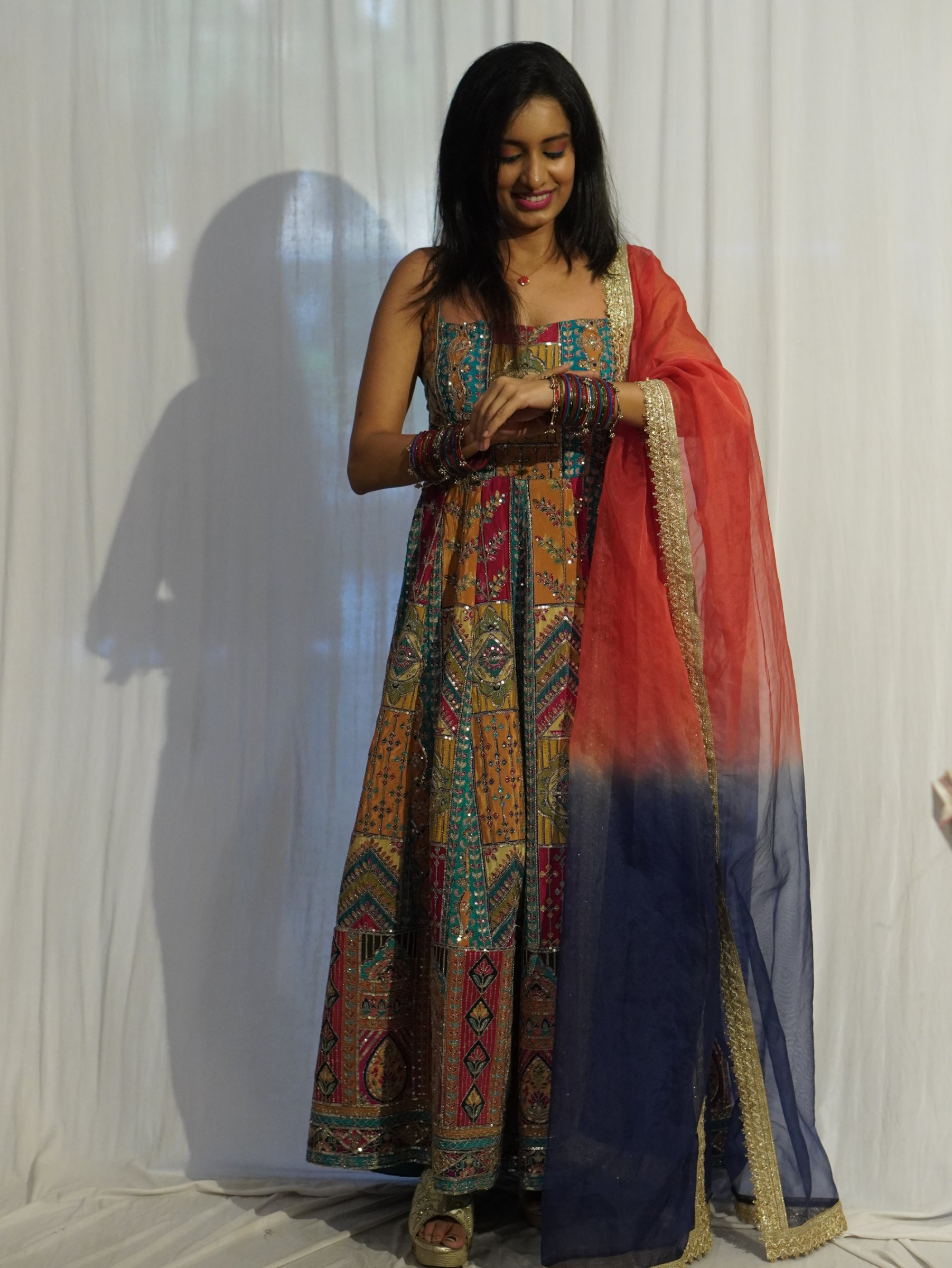 Rangrez Royale, an anarkali-style patchwork outfit with an ombre dupatta, by Label Shivaksh