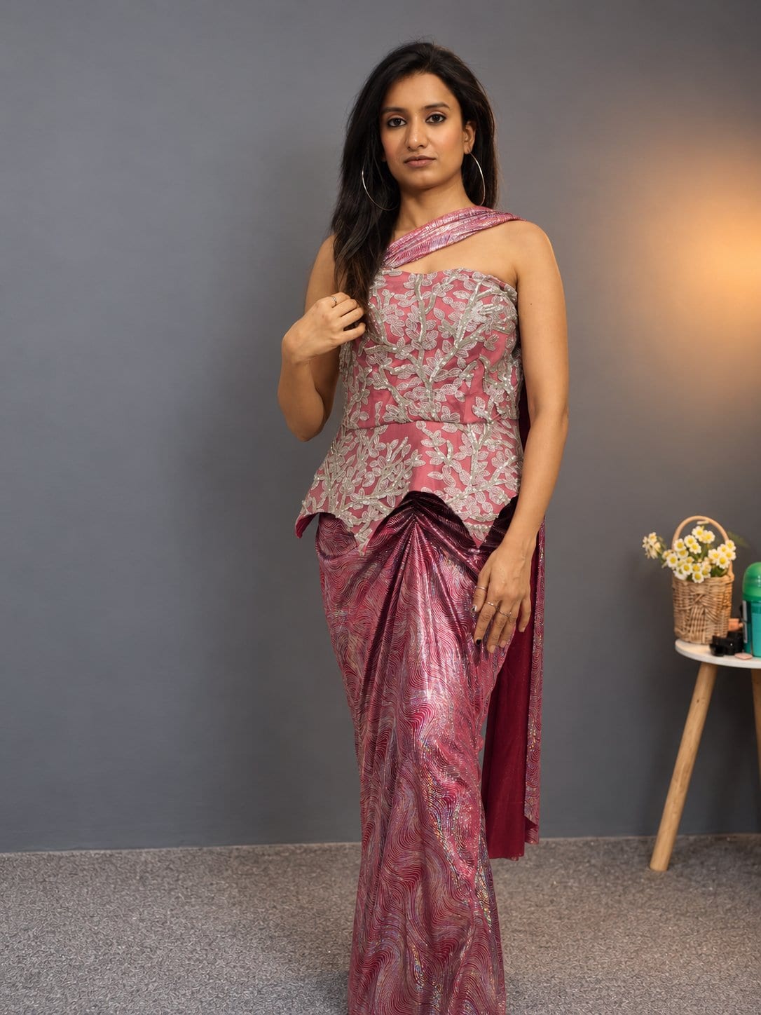 Metallic Rose Symphony Draped Ensemble – Gown by Label Shivaksh