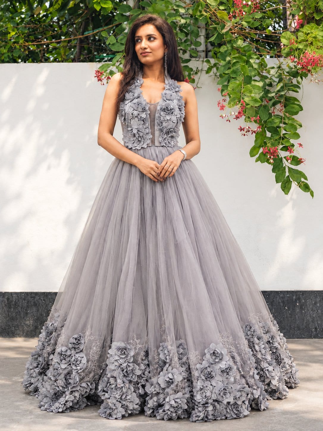 Grey Floral Tulle Gown – Gown by Label Shivaksh